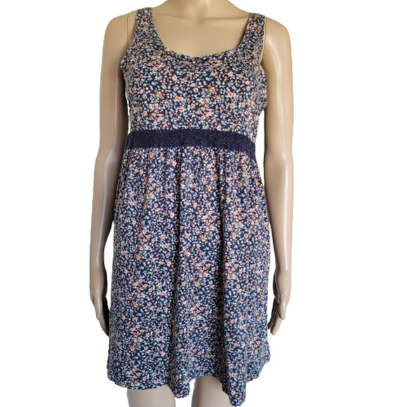 H&M Women's Blue Cotton Sweet Floral Printed Sleeveless Mini Dress Size Small - Picture 1 of 8